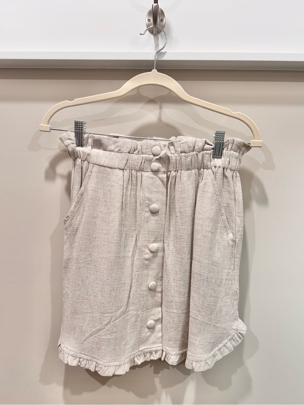 Linen-Blend Ruffle Hem Button-Front Skirt